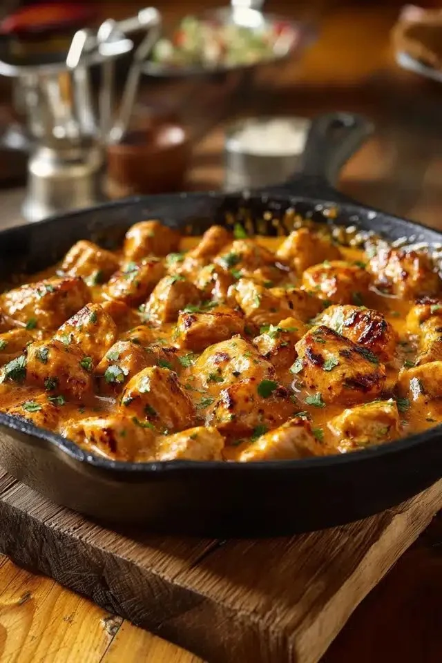 Delicious Texas Roadhouse Butter Chicken Skillet served in a cast iron pan