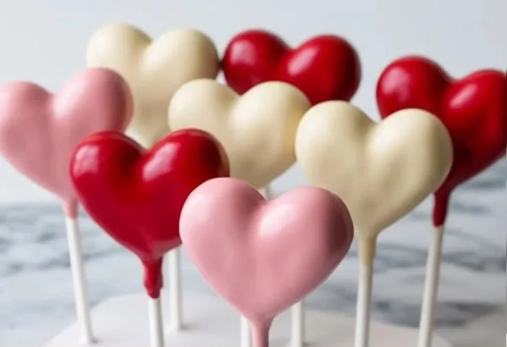 Valentine's Day themed cake pops decorated with hearts and pink colors
