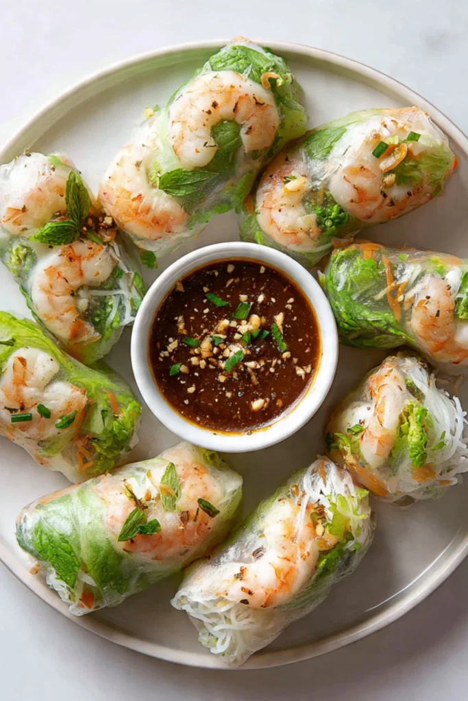 Vietnamese rice paper rolls with fresh vegetables and shrimp