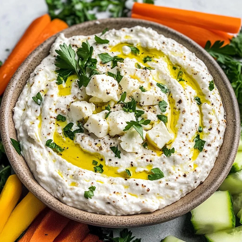 Delicious whipped feta dip served in a bowl with herbs and crackers