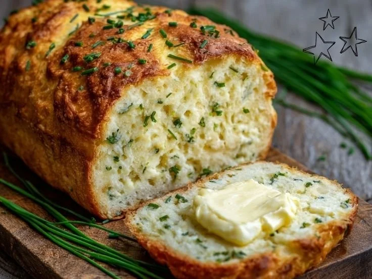 Freshly baked 2-ingredient cottage cheese bread sliced on a wooden board