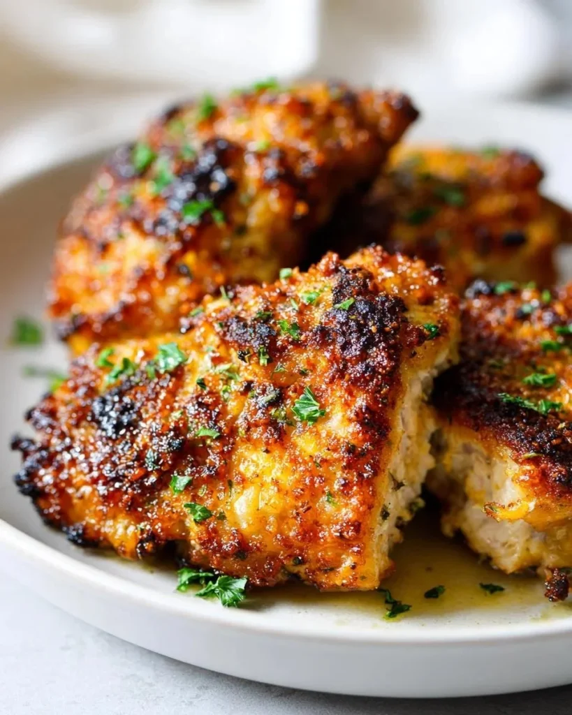 Juicy garlic parmesan chicken thighs garnished with herbs and spices