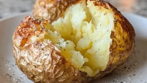 Delicious air fryer baked potato with crispy skin and fluffy interior