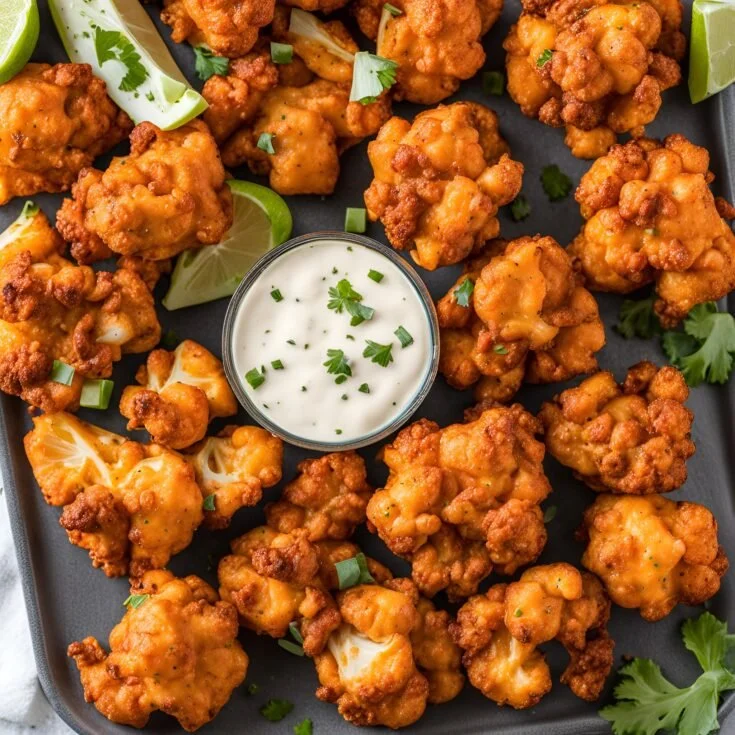 Air fryer buffalo cauliflower served with dipping sauce on a plate