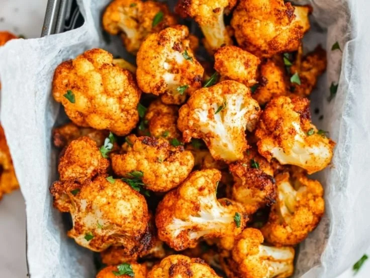 Crispy air fryer cauliflower in a bowl, garnished with herbs