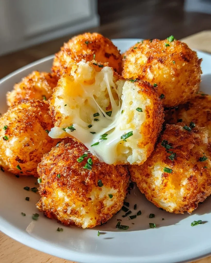 Air fryer cheesy mashed potato balls served on a plate.