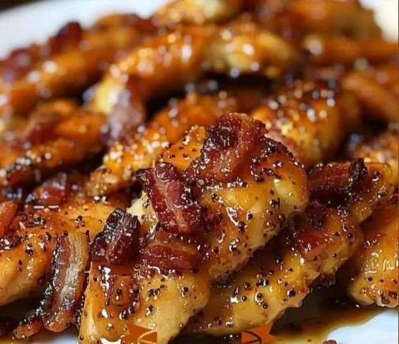 Bacon Brown Sugar Chicken Tenders served on a plate with garnish