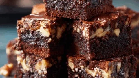 Delicious banana bread brownies topped with chocolate drizzle