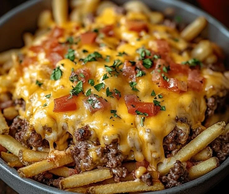 Cheeseburger casserole topped with crispy French fries and melted cheese