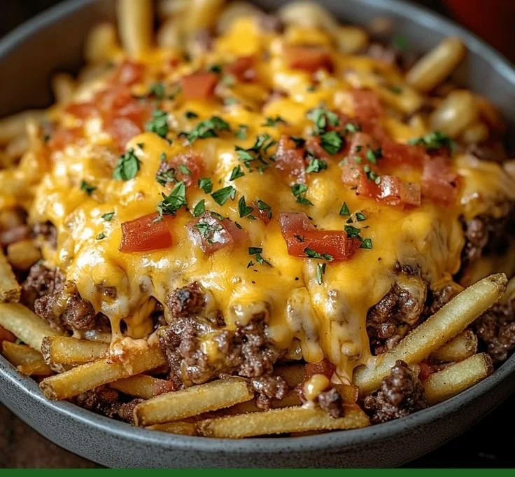 Cheeseburger Casserole topped with crispy French fries