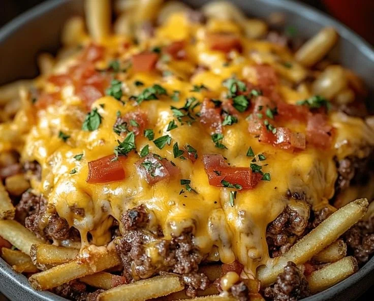 Cheeseburger Casserole with French fries topped with melted cheese