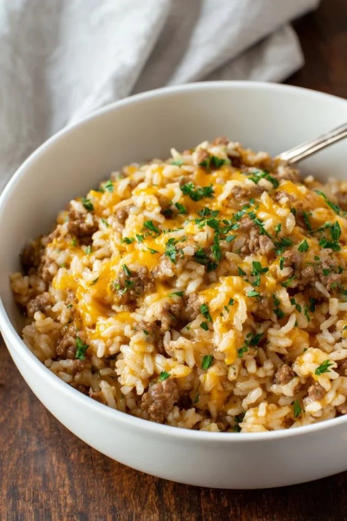 Cheesy ground beef and rice casserole topped with melted cheese