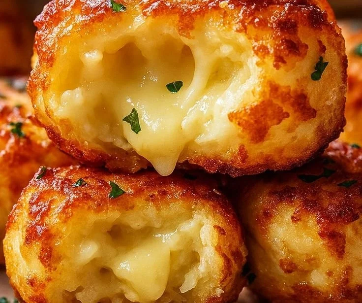 Delicious cheesy potato puffs served on a platter for snacking