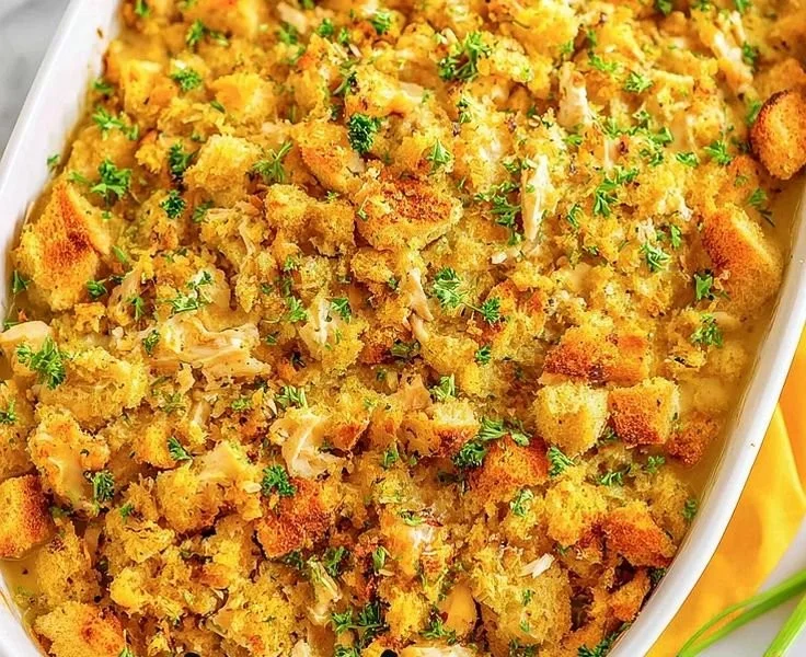 Delicious Chicken and Stuffing Casserole served in a baking dish