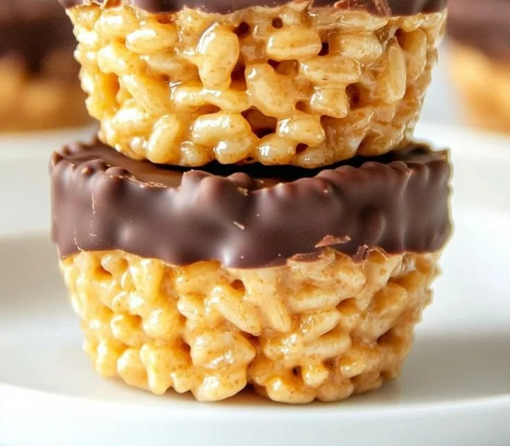 Delicious Chocolate Peanut Butter Rice Krispie Cups stacked on a plate