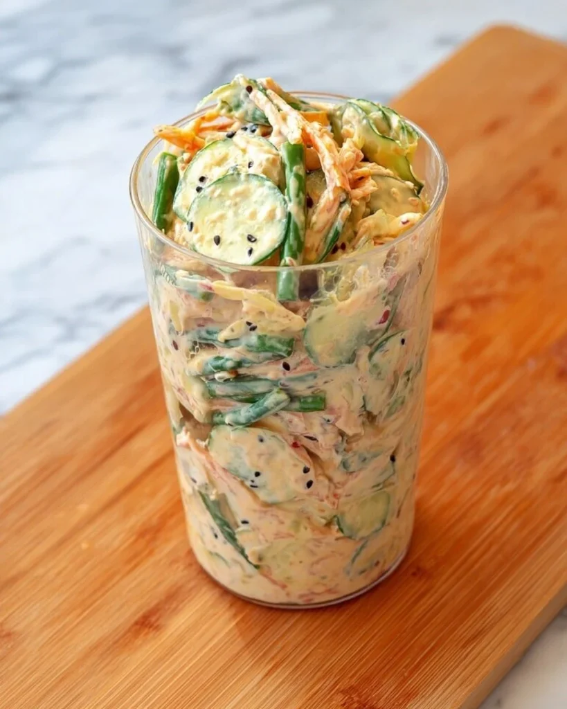 Creamy Asian cucumber salad bowl with fresh ingredients and sesame dressing