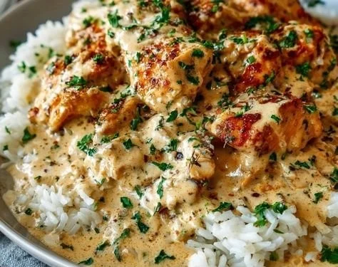 Creamy chicken and rice dish topped with herbs and spices, served in a bowl.