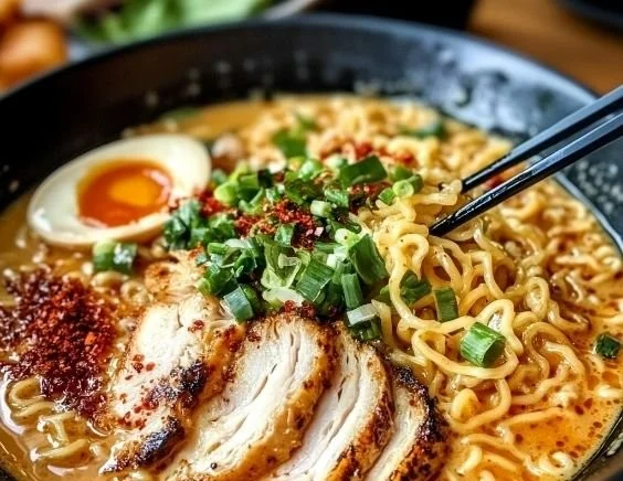 Bowl of creamy garlic chicken ramen topped with green onions and soft boiled egg