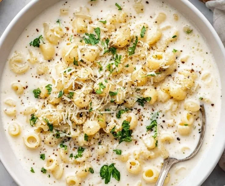 Bowl of creamy garlic parmesan soup garnished with herbs
