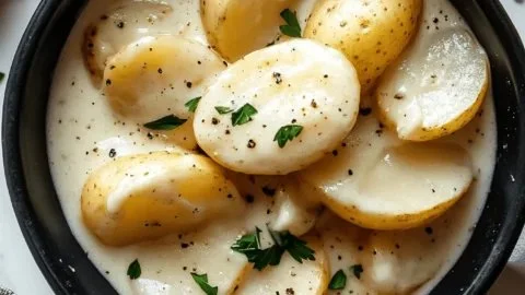 Creamy garlic sauce baby potatoes served on a plate