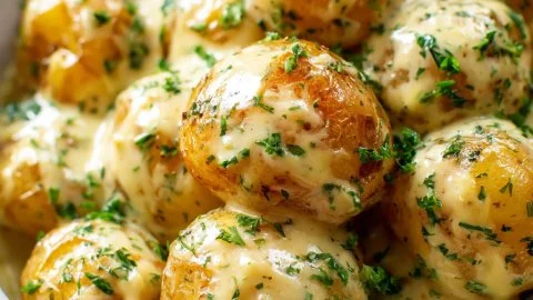Creamy garlic sauce baby potatoes served in a bowl