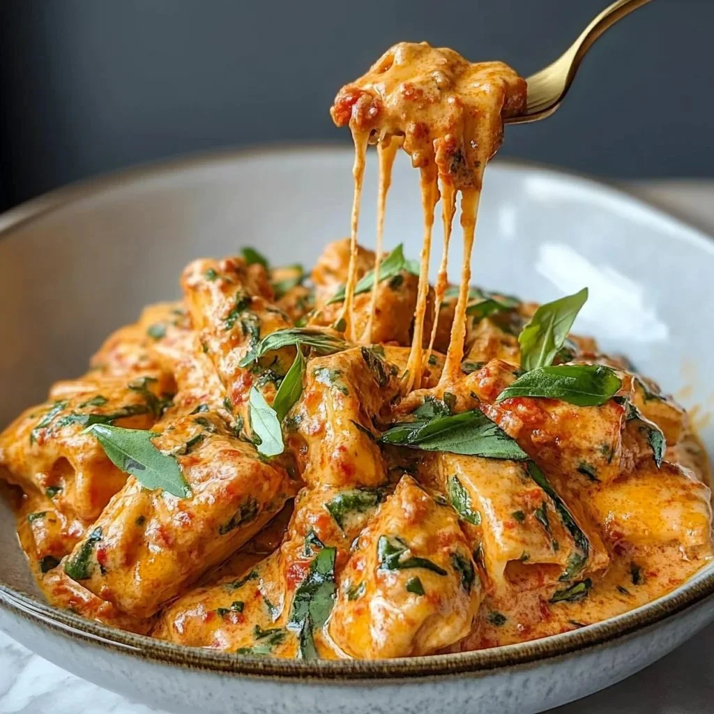 Creamy tomato garlic pasta served in a bowl with fresh basil on top