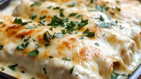 Delicious creamy white chicken enchiladas topped with cheese and garnished.