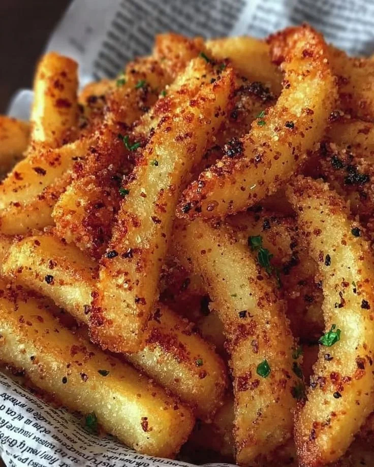 Crispy garlic parmesan fries served in a bowl, garnished with parsley