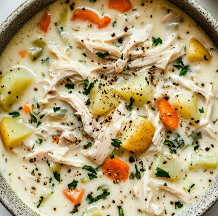 Crockpot Chicken Alfredo Soup in a bowl topped with parsley and parmesan cheese.