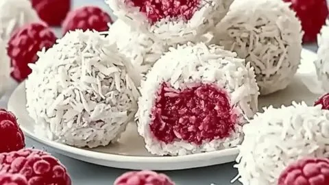 Decadent raspberry coconut balls topped with coconut flakes and fresh raspberries.