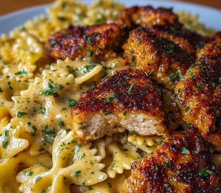 Delicious garlic butter chicken served with bowtie pasta in a creamy sauce