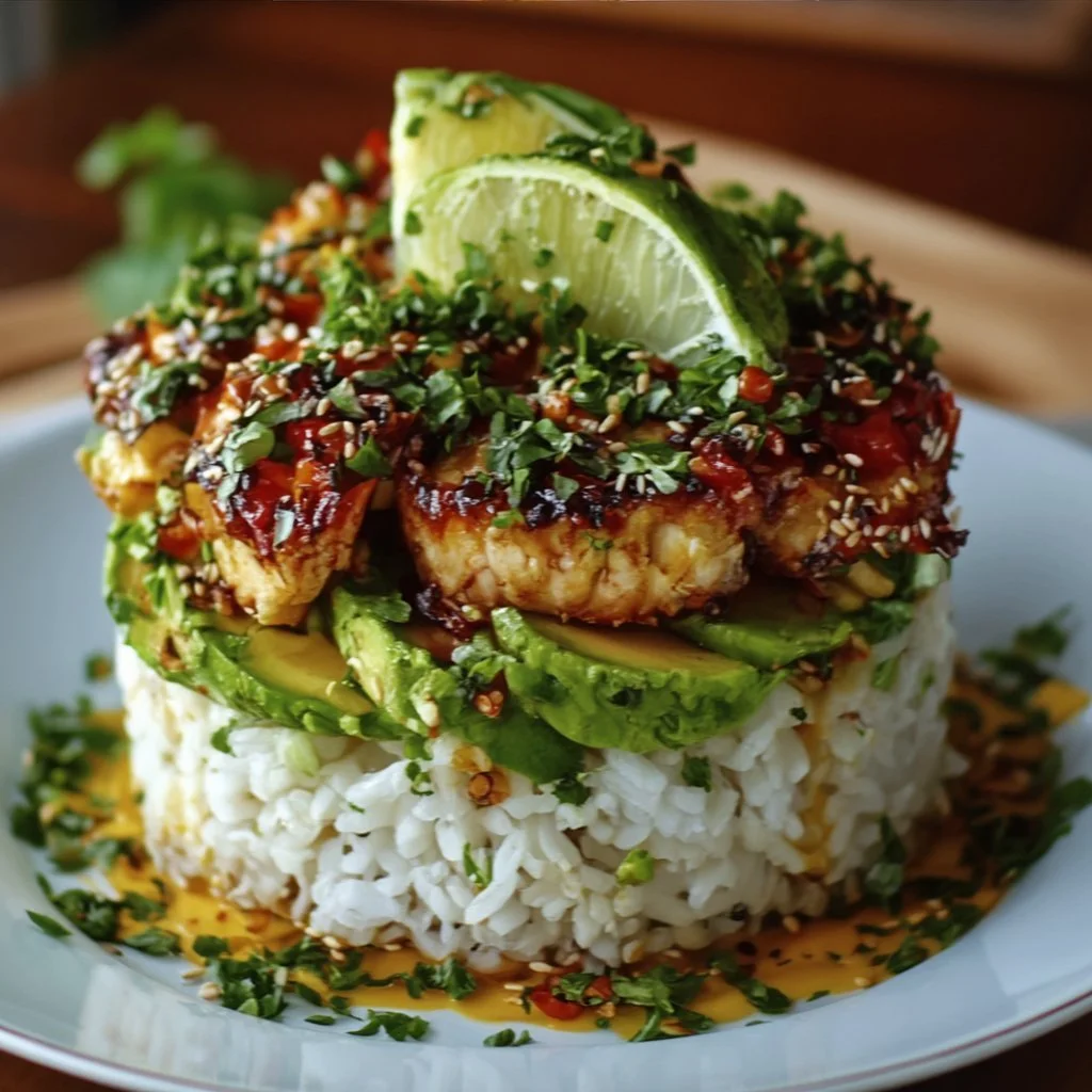 Easy honey lime chicken served with avocado rice stacks
