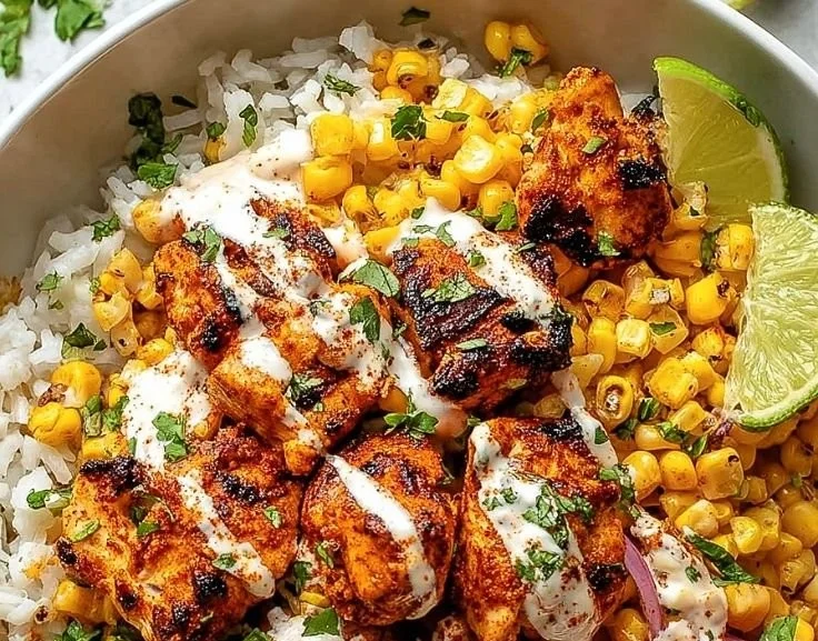 Delicious Easy Street Corn Chicken Bowl filled with chicken, corn, and fresh ingredients.