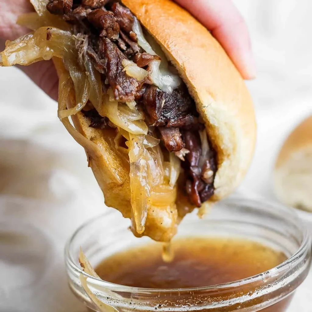 Delicious French Dip Sandwich made with tender beef and dipping broth