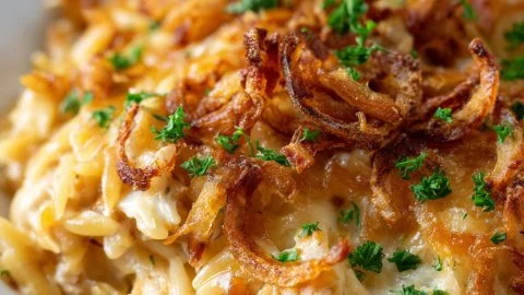 French Onion Chicken Orzo Casserole with melted cheese and savory ingredients