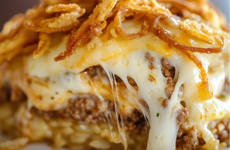 French Onion Ground Beef and Rice Casserole in a baking dish