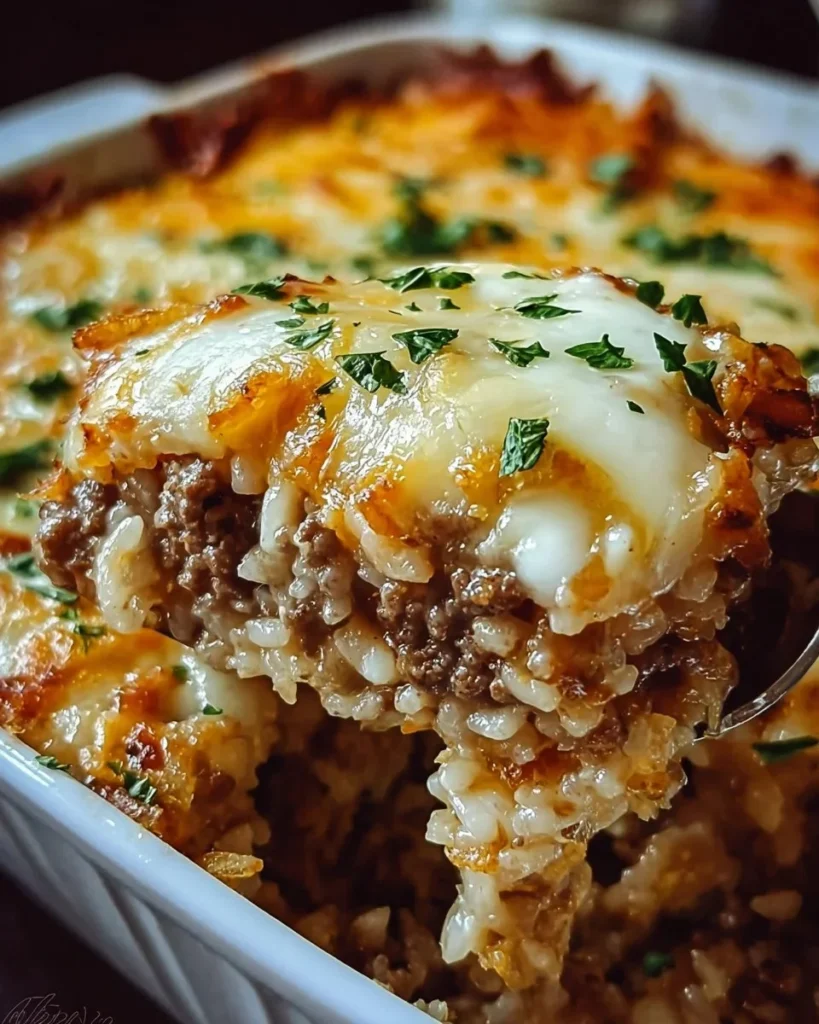 Delicious French onion ground beef and rice casserole served in a dish