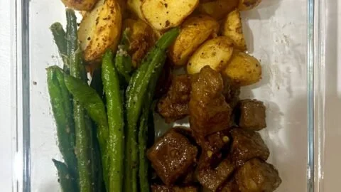Garlic balsamic steak bites served on a platter