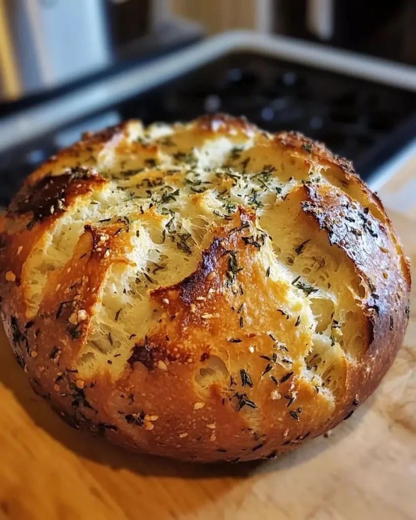 Delicious Garlic Herb Dutch Oven Bread fresh out of the oven.