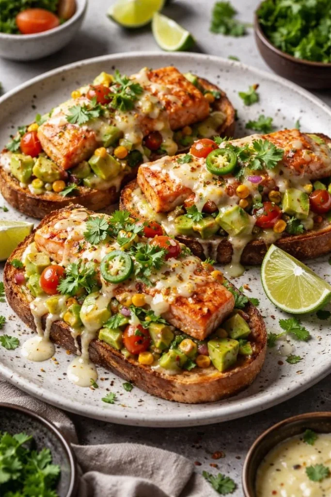 Healthy salmon avocado toast topped with fresh herbs and lemon.