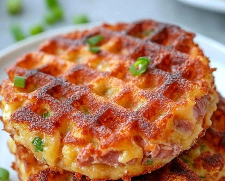 Healthy tuna melt chaffles recipe topped with melted cheese and tuna.