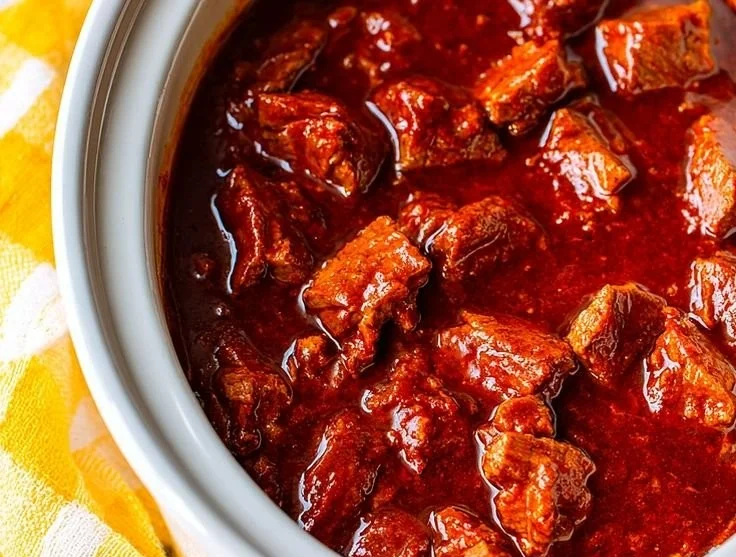 Hearty Crockpot Chili Colorado served in a bowl with garnishes