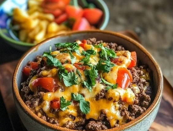 High-protein cheeseburger bowls with fresh toppings and ingredients