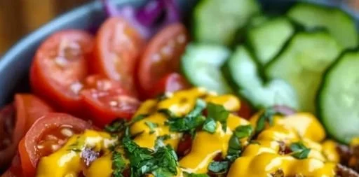 High protein cheeseburger bowls loaded with fresh ingredients and savory flavor.