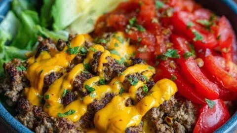 High-protein cheeseburger bowls with ground beef and burger sauce meal prep