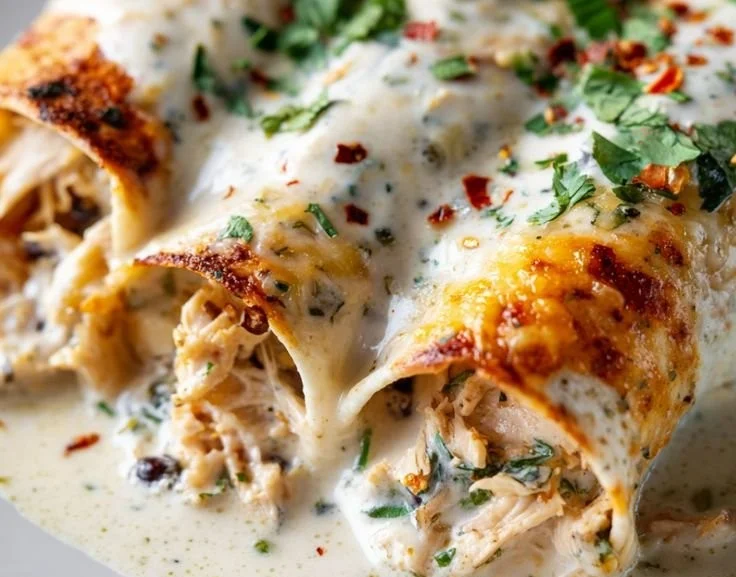 High protein chicken enchiladas topped with cheese and salsa