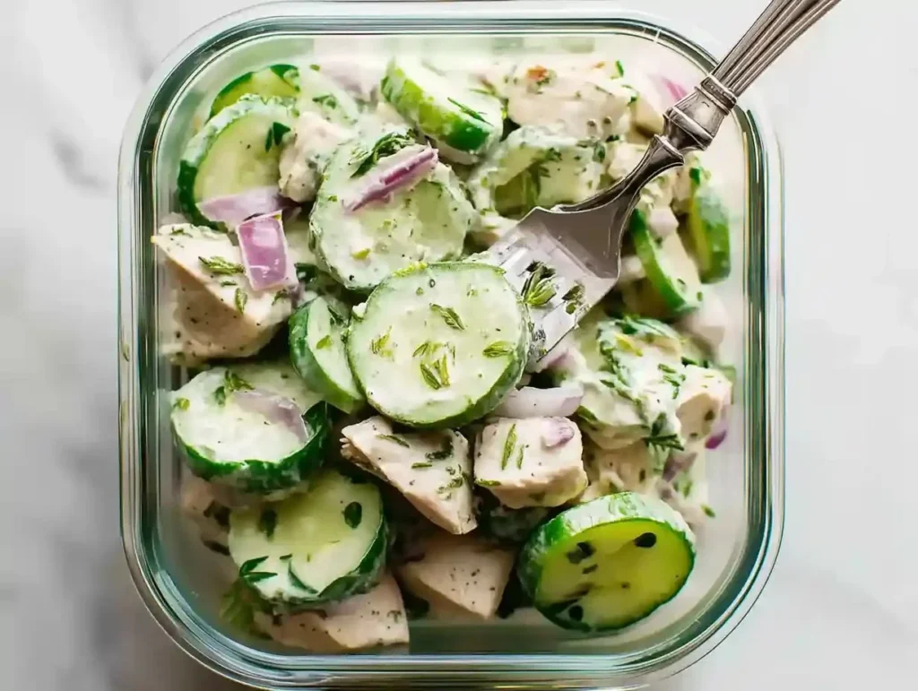 High protein cucumber salad with fresh ingredients in a bowl