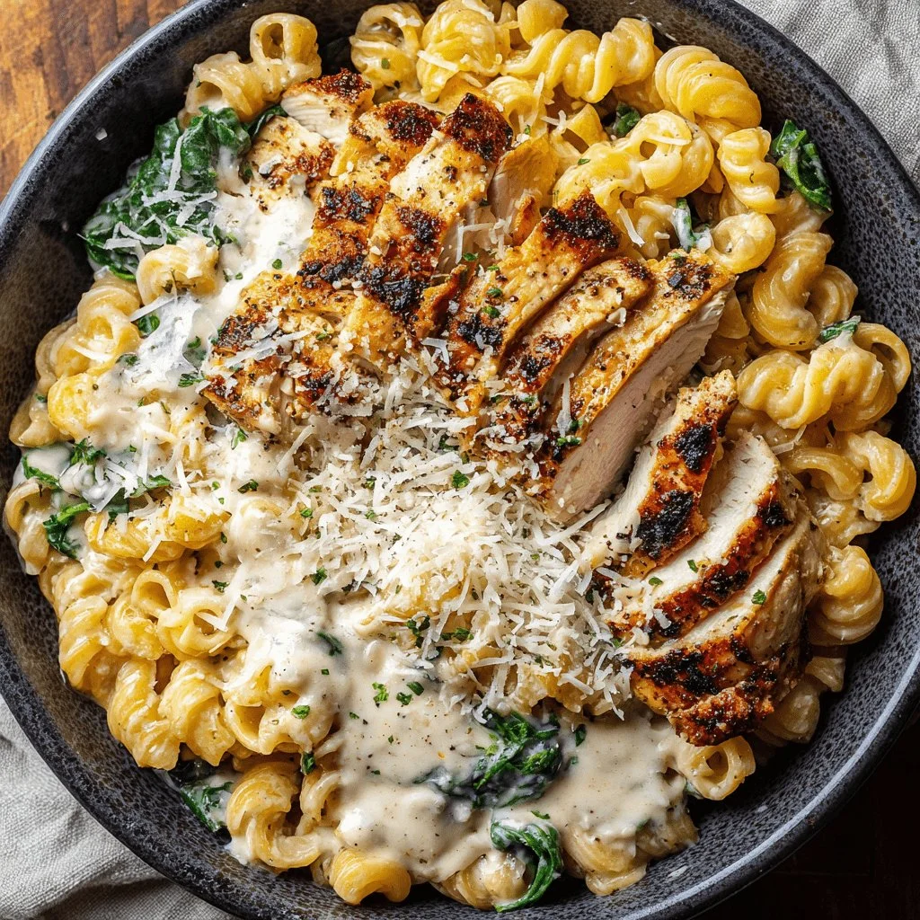 High protein garlic parmesan pasta bowl with cheese and herbs