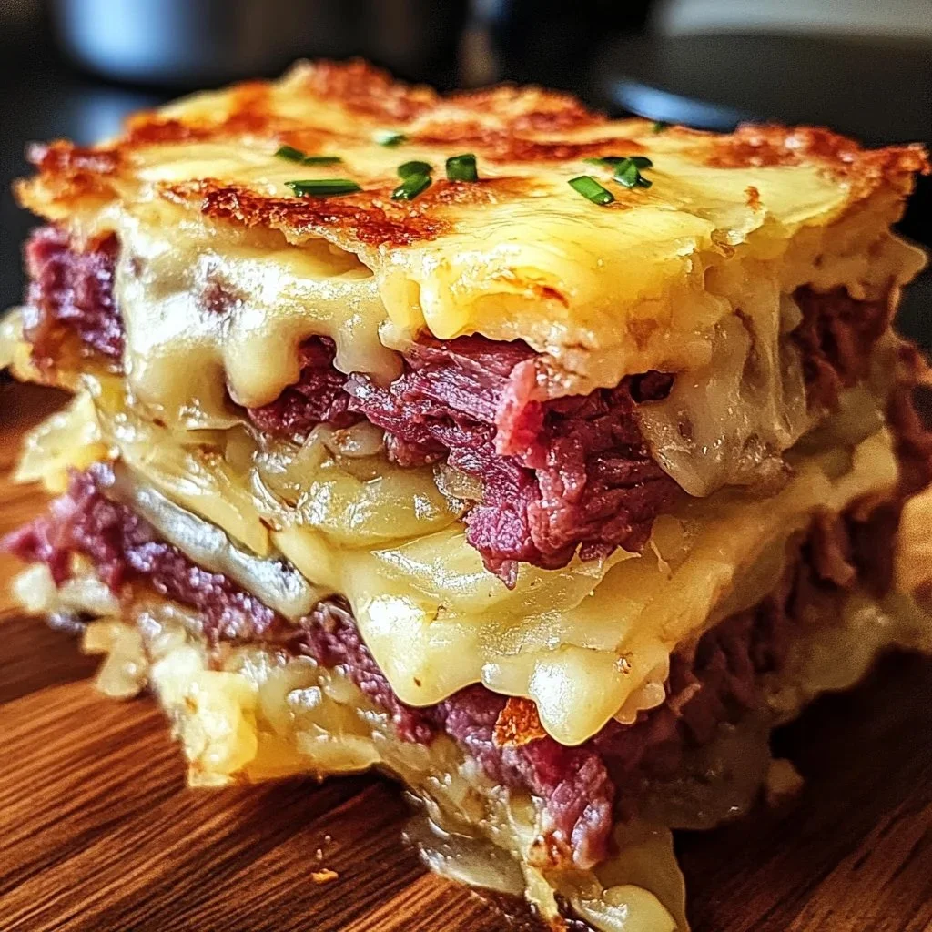 Homemade Reuben Bake topped with melted cheese and sauerkraut