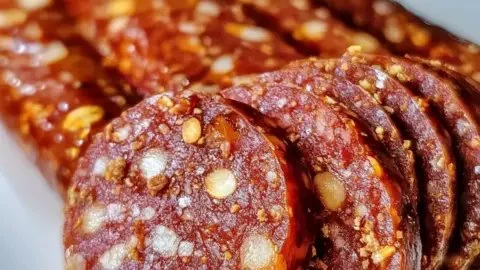 Delicious homemade vegan salami sliced on a wooden board with herbs